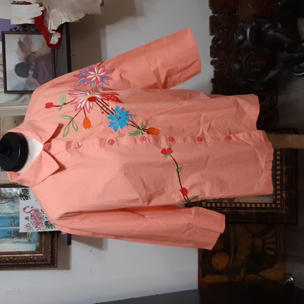 Womens Button up Collared Blouse Embroidered Floral flower print S Plus sz 1X